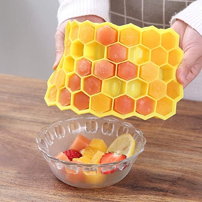 Image of BIDFUL [2 Pack] Silicone Ice Cube Trays for Freezer with Lid - 37 Grid Yellow Ice Cube Mold, Easy-Release Flexible Ice Trays, Reusable Stackable Ice Tray for Iced Coffee, Juice & Drinks