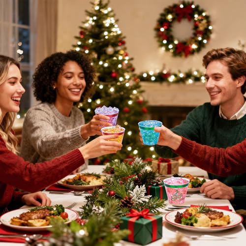 Image of 100 Pcs Christmas Party Cups,9Oz Merry Christmas Plastic Cups,Heavy Duty Christmas Tree Bell Deer Clear Disposable Plasitc Tumblers Wine Cup for Xmas Party,Holiday,Birthday