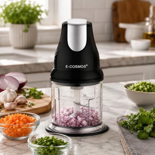 Image of E-COSMOS Ultra Fast 250 Watts Electric Chopper - Twin Blade Vegetable Cutter & Mincer - 500ml Plastic Bowl with Storage Lid - Durable 100% Copper Motor - Multi-Purpose Whisk & Blend (Black)