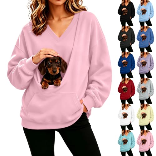 V Neck Sweatshirt with Dog Pouch Women Pet Carrier Pullover Kangaroo Pocket - image 1