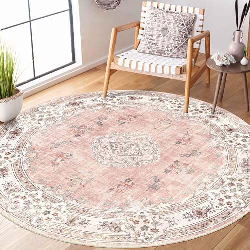 Image of MUJOO Pink Round Rug 5ft,Circle Washable Area Rugs for Bedroom Living Room Bathroom,Boho Large Non Slip Circular Carpet,Blush Floral