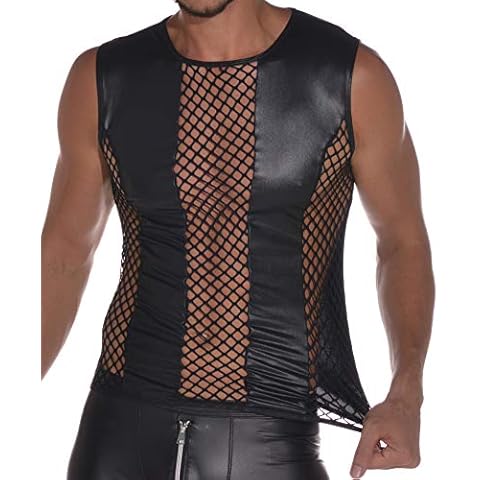 Latex similar men's top - shirt 0/0 arm with fish net inserts - Black - Medium Cover