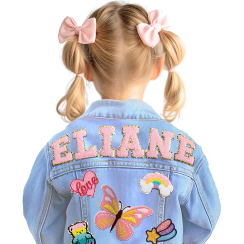 Custom Kids Patch Jean Jacket with Names |1-8 Year Old Birthday Gifts for Toddler Boys Girls Clothes | Personalized Back to School Outfits for Girls Long Sleeve Denim Jacket