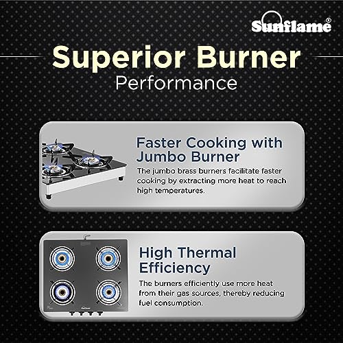 Sunflame Crystal Nova 4 Burner Gas Stove | Dual Drip Trays | 1 Jumbo, 1 Medium and 2 Small Brass Burners | 2 Year Product Coverage by Sunflame |... - Image 4