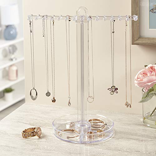 Clear Plastic Necklace Holder with 30 Individual Pegs and Divided Jewelry Tray