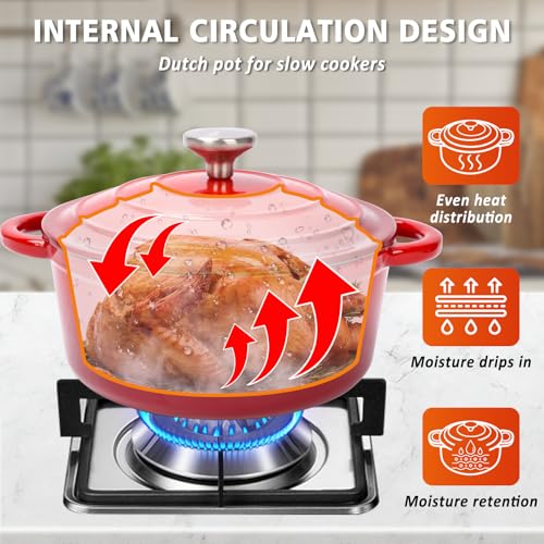 Denmay Enamelled Cast Iron Cookware Set - 7 Piece Dutch Ovens, Pot, Pan, 3 Lid, Dutch Oven Set Baking Bread, Ceramic Non-Stick Coating, Gas/Induction/Oven Compatible Red - Image 4