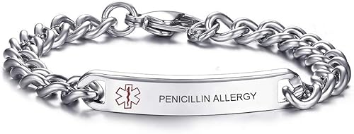 Miniatura 45 de VNOX Pulsera de identificación de alerta médica, pulsera de emergencia de acero inoxidable para hombre y mujer, 7.2/8/8.4 pulgadas *personaliza tu