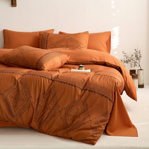 Image of Wake In Cloud - Boho Comforter Set, Farmhouse Bohemian Western Aztec Neutral Aesthetic, Soft Lightweight Bedding, 3 Pieces, Burnt Orange, Queen Size