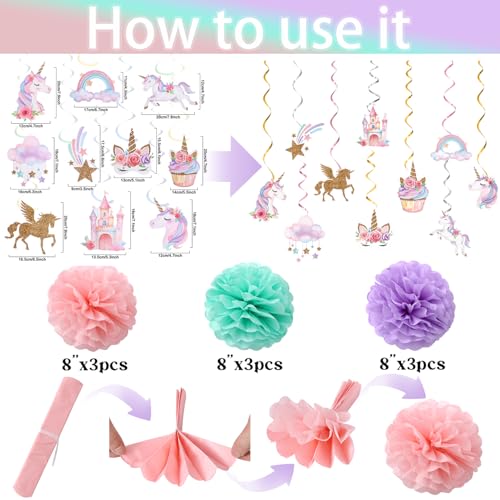 Image of Unicorn Birthday Decorations, Happy Birthday Banner,Unicorn Party Decor | 9pcs Tissue Paper Pom Poms,10pcs Hanging Swirls,Macaron Circle Dots Garland for Girls Bday Party Decorations
