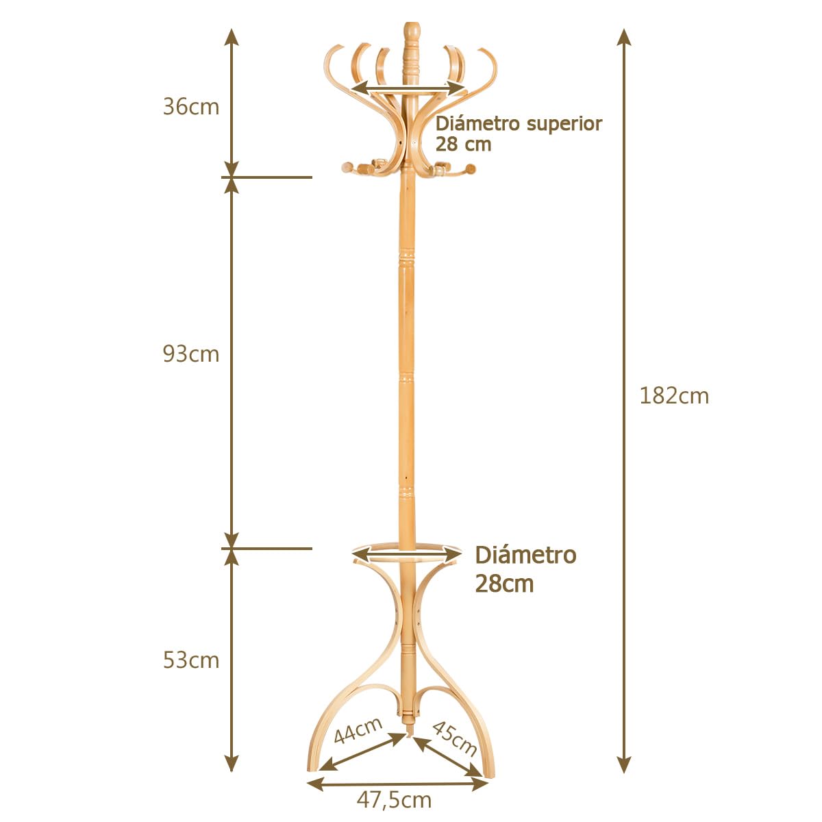 GOPLUS Perchero de Pie de Madera Maciza con 12 Ganchos y Soporte para Paraguas, Perchero Árbol para Colgar Abrigos, Sombreros y Bolsos, para Entrada, Pasillo, Dormitorio, Recibidor, 182 cm (Natural)