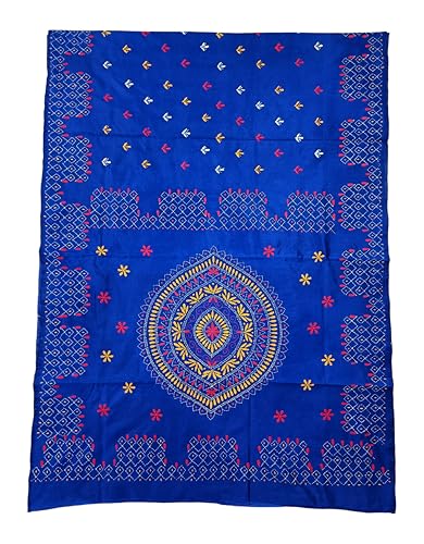 Image of SHRISTI CLOTHINGS Women's Hand Embroidered Cotton Silk Kantha Stitch Saree with Blouse Piece (J420824 BLUED74)