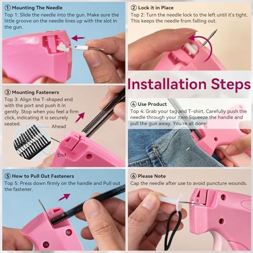 Image of AISOSO Handheld Tagging Gun for Clothes, with 3000 Fasteners, Deep Pink | Includes 0.5mm Needle Quick Clothing Fixer, 1500pcs Each in Black & White, for Securing Cuffs, Collars, Tags