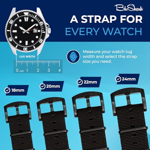 Image of BluShark - Original Collection Military-Style Waterproof Watch Strap, Fits All Timepiece Brands, Durable Nylon Wristwatch Accessories with Stainless Steel Buckle - 18mm, 20mm, 22mm & 24mm Watch Bands