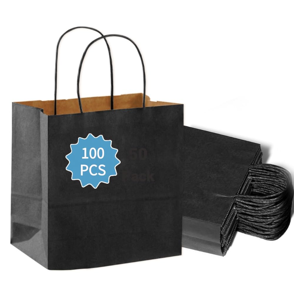 COGLARING 100Pcs Black Gift Bags with Handles - 11x5.9x11 Inch Kraft Paper Bags for Parties, Shopping, Grocery & Takeout - Bulk Black Paper Gift Bags