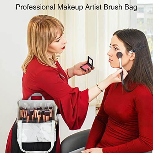 Makeup Brush Case Stand-up Makeup Cup Makeup Brush Holder Travel Professional Cosmetic Bag Artist Storage Bag with Shoulder Strap and Adjustable Divider (Marble)