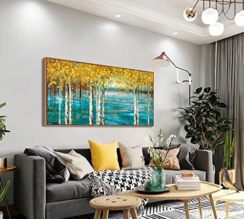 Large-Living-Room-Wall-Decor-Abstract-Canvas-Wall-Art-Yellow-Trees-White-Birch-Green-Lake-Landscape-Painting-Picture-Giclee-Bedroom-Wall-Decoration-Ready-to-Hang-24x48-Attached-Peripheral-Frame