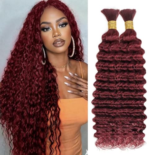 100% Unprocessed Human Hair for Braiding #99J Burgundy Pre-Separated Curly Bulk Hair 12A Grade Boho Braiding Hair Extensions Deep Wine Red Color Real Human Hair 18 Inch 100g 2 Bundles