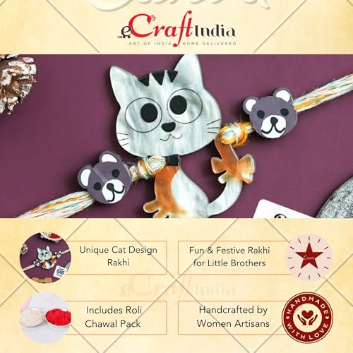 Image of eCraftIndia Unique Cat Design Rakhi for Kids Girls Boys with Best Bro Ever Fridge Magnet | Raksha Bandhan Kids Rakhi for Brother Bhaiya Bhai | Roli Chawal Pack