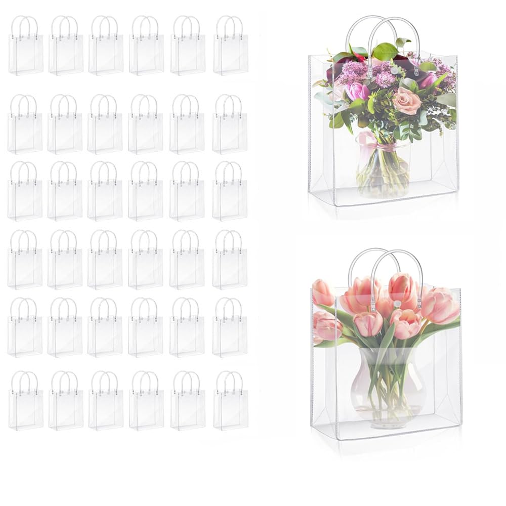50 PCS Clear Gift Bags with Handles, 20×7×15cm Reusable Waterproof PVC Bags, Ideal for Retail, Boutiques, Party Favors, Wedding Gifts, and Merchandise