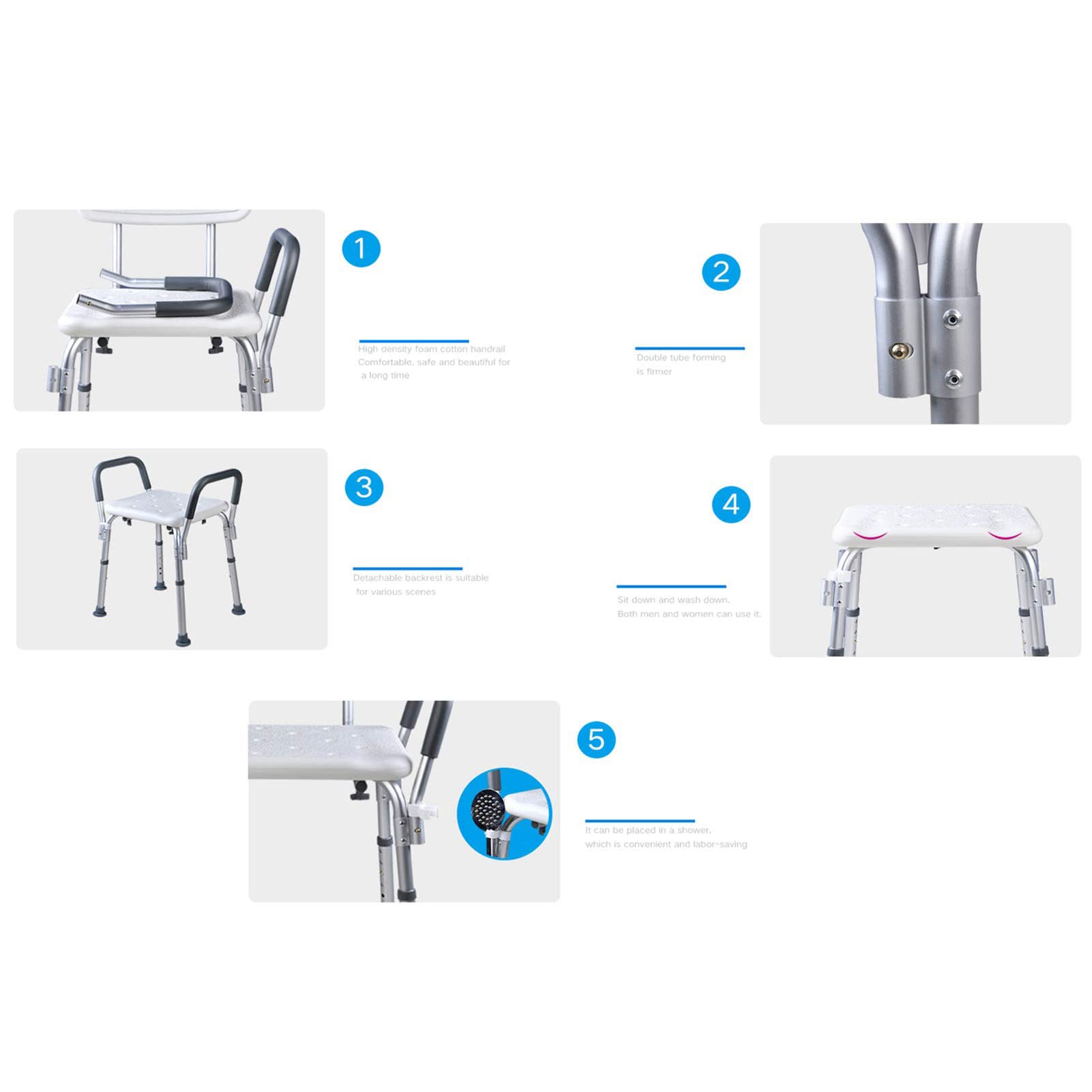 Silla Ducha, Taburete de Ducha, Silla de Ducha Altura Regulable con Respaldo Altura Regulable Antideslizante Reposabrazos Acolchados Ayuda para Baño para Ancianos