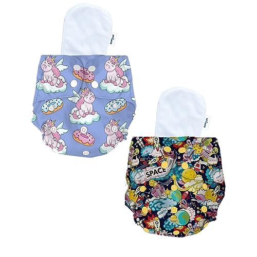 Image of Bumtum Baby Diaper | 0-3 Yrs Baby Freesize | Pack of 2, New Born Baby Diaper, Cloth Diaper, Waterproof Reusable Diaper, 5hrs Absorbency, Washable, Cotton Soaker, Extra Soft (Unicorn & Space Old)