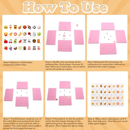 4 Players Mahjong Block Set, 128 Pink Tiles(1.18”) with 4 Different Patterns, Portable Plastic Mahjongg Set with A Carry Bag & Instruction, Mahjong Tile Game for Adult
