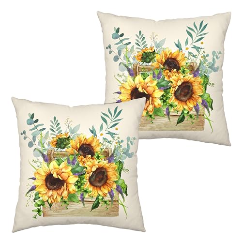 Kwlegh Sunflower Daisy with Purple Floral Throw Pillow Covers Spring Summer Flowers Pillow Case 22x22 Cotton Linen Square Farmhouse Cushion Case for Living Room Bed Patio 2 Pack