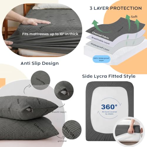 Image of AYKA Combo Pack Waterproof Mattress Protector & 2 Pillow Protectors | Queen 78x60 Inch | 100% Waterproof Charcoal Bed Protector | Breathable, Noiseless Mattress & Pillow Covers | Grey