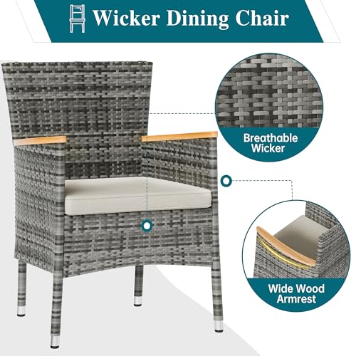 Image of Shintenchi 5 Piece Patio Dining Set, Wicker Patio Conversation Set with Wooden Table Top, Outdoor Table and Chairs with Soft Cushions for Backyard, Deck and Garden, Grey Wicker