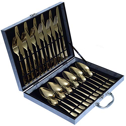 24-Piece Cutlery Sets,Classic Stainless Steel Flatware Silverware Set with Gift Box Knives/Forks/Spoons/TeaSpoons, Service for 6, Mirror Polished,Dishwasher Safe (Silver_Gold)