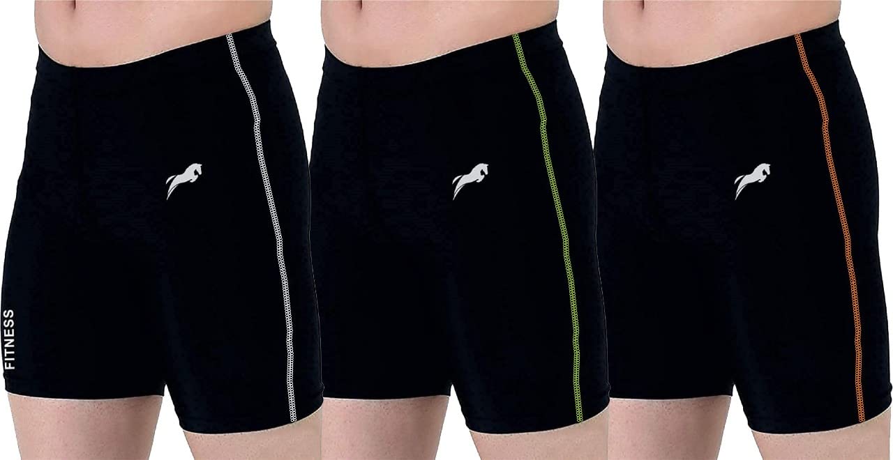 JUST RIDERPolyester Compression Men's Shorts Tights Skins for Gym, Running, Cycling, Swimming, Basketball, Cricket, Yoga, Football, Tennis, Badminton & More (3 PCS Grey, Green, Orange)