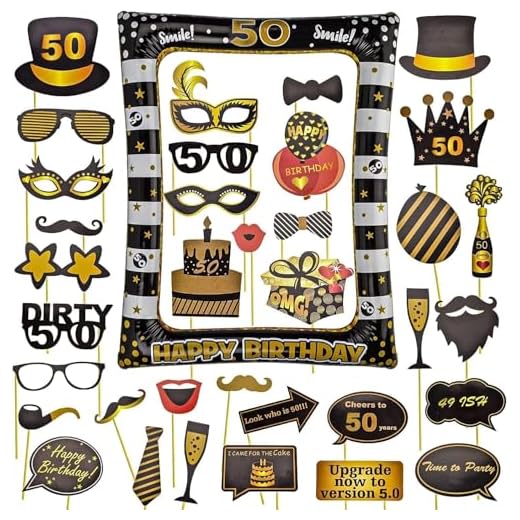 AIBAOBAO 50th Birthday Marco de Selfie Inflable, Cumpleaños Photo Booth Props, Fotos Inflable Decoración DIY+ 35 Piezas Photobooth Cumpleaños Accesorios Fotocall para Cabina de Foto Props Fiesta Kit