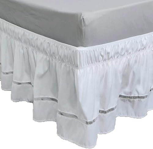 Tongcan Falda de cama blanca con volantes elásticos de encaje blanco tamaño King con volantes para marco de cama de tamaño Queen, funda envolvente