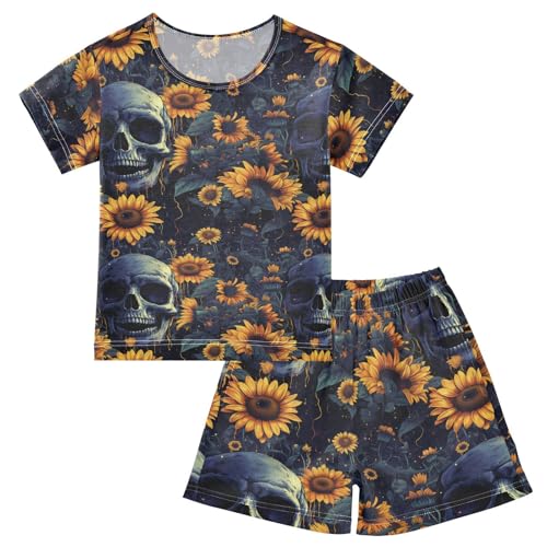 ALAZA Skull and Sunflowers Pajama Set Short Sleeve Sleepwear Soft Lounge Nightwear