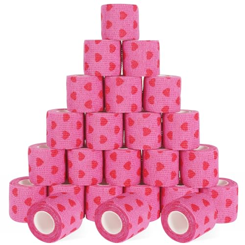 24 Pack Self Adhesive Bandage Wrap, 2” x 5 Yards Cohesive Medical Tape Elastic Grip Tape Black Sports Tape Athletic for Ankle, Wrist Sprains, Pet First Aid (Pink Heart, 2 Inch)