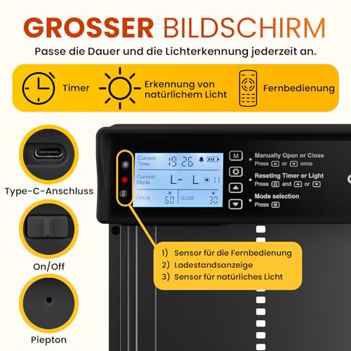 Okkobi Hühnerklappe Automatisch Solar - LCD Display - Automatische hühnerklappe mit Fernbedienung, Lichtsensor & Timer - Sicherheit & Seelenfrieden: Sicherheitsmechanismus - 5 Jahre Schutz