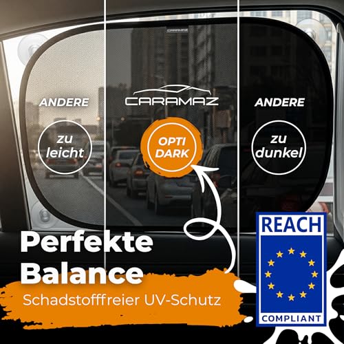 CARAMAZ Sonnenschutz Auto Baby mit UV Schutz, Reach Zertifiziert - Opti-Dark - GSM100+ inkl. Saugnapf - Verdunklung 51x31cm, 2 Stück