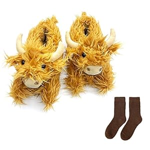 Highland Cow Slippers Stuffed Animal Plush Slippers with Non-slip Bottom Winter Home Slippers for Men Women Big Kids…