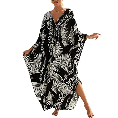 Image of sunforyou Kaftan Dresses for Women Plus Size Lightweight Swimsuit Cover up Batwing Sleeve Print Loungewear Beach Robe