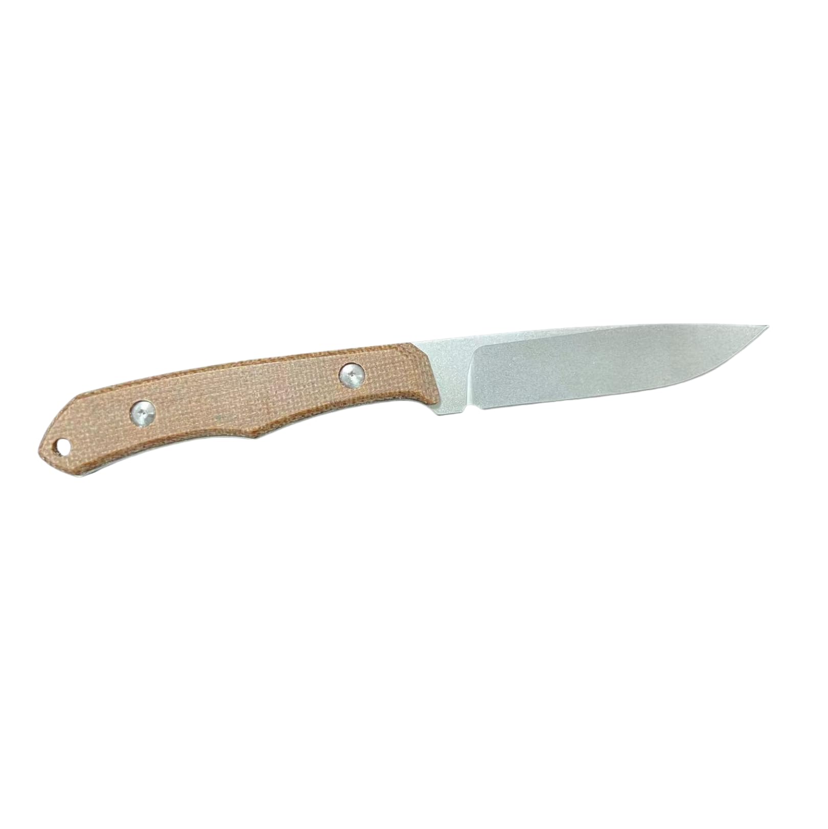 Coltello da caccia a lama fissa leggero con lama a punta cadente stonewashed, impugnatura in tela naturale Micarta, fodero in Kydex, clip da cintura