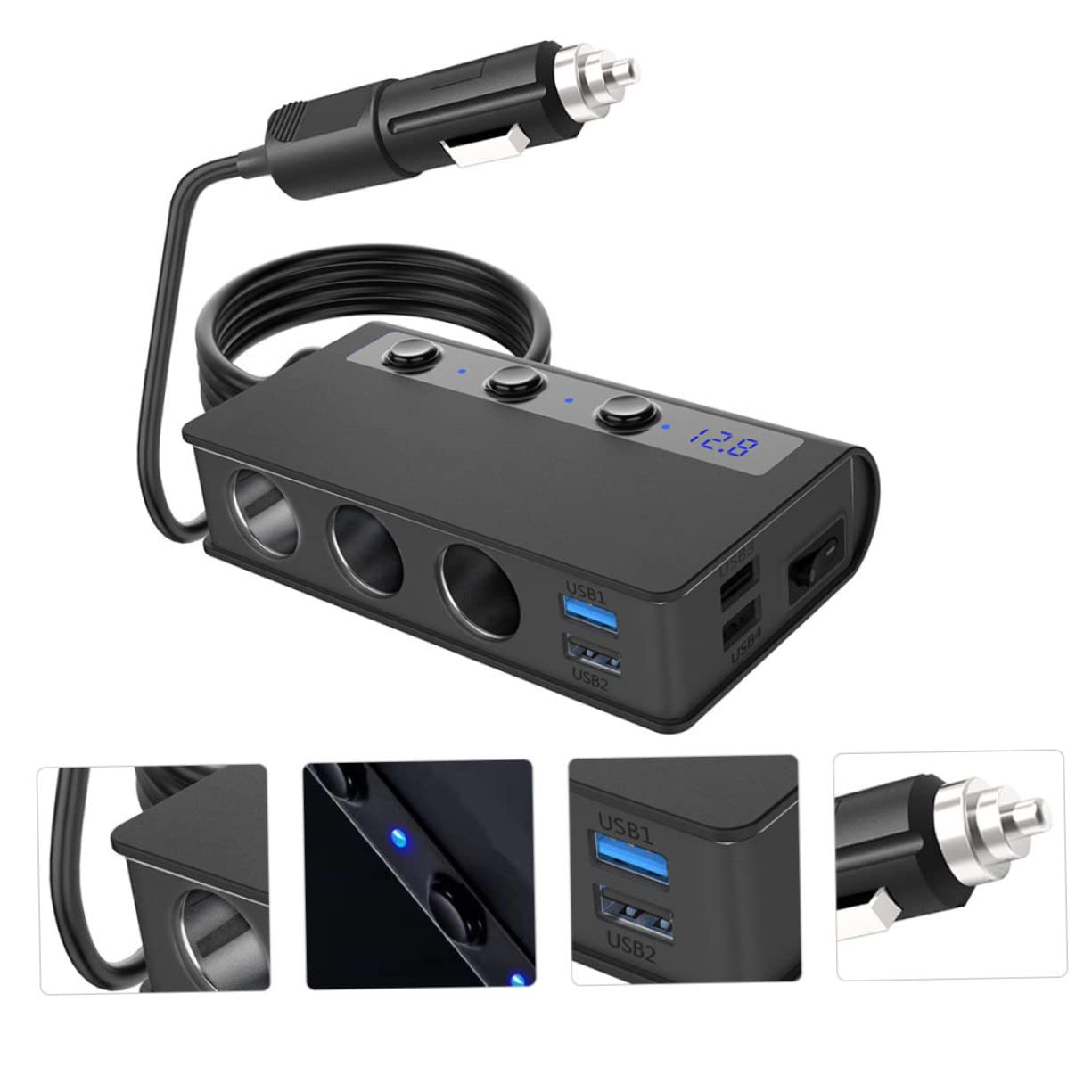 HOMSFOU Caricabatterie da Auto 180w, Divisore Accendisigari 1 a 3 4 Porte Usb, Interruttore Indipendente e Luce LED per Auto
