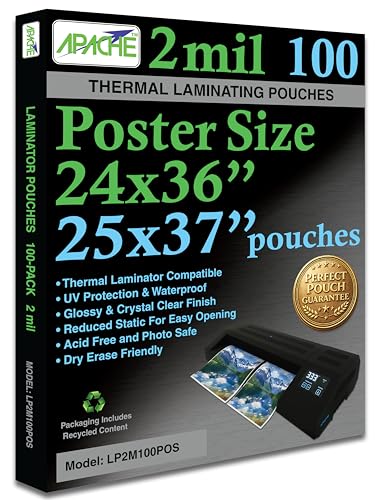 Image of Apache Poster Size Laminating Pouches, 2 Mil, 100 Pack, Holds 24 x 36 Inch Projects (25 x 37 Inch Pouch Size), Thermal Laminator Compatible Laminating Sheets, Super Clear, Round Corners