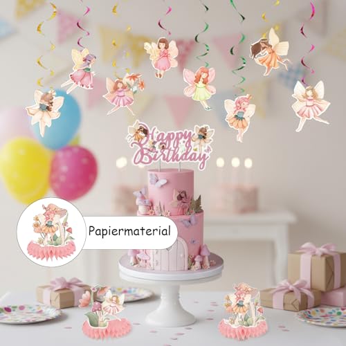 20 Stück Feen Geburtstag Deko, Feen Deko für Kindergeburtstag, Torten Deko Mädchen, Geburtstagsdeko für Feen-Themen-Party, Gartenparty, Foto Requisiten, Mit Wimpelkette, Hängedekorationen und Tischdek