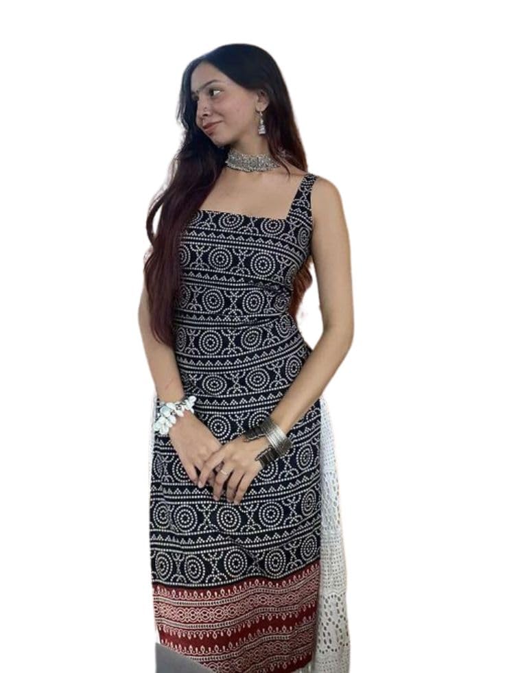 Image of Women's Sleeveless Ajrak Print Kurti, Pure Cotton Straight Fit Straight Cambric Jaipuri Printed Kurti