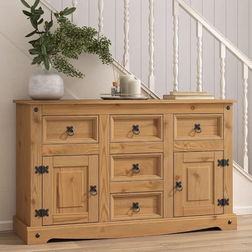 Corona Sideboard 5 Drawer 2 Door Large Cupboard Wide Mexican Solid Pine Wood with Wax Finish and Black Metal Hardware 76cm H x 125cm W x 40cm D