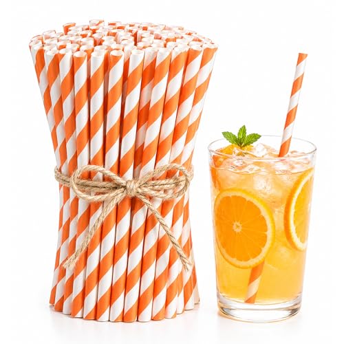 Haundry 100 Orange and White Striped Paper Straws Disposable Spritz Straws Compatible with Aperol Spritz Glasses Biodegradable Cocktail Straws for Lemonade Halloween Fall Party Decorations