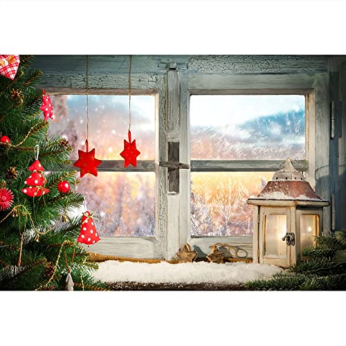 Aoihrraan 1,5x1m Natale Davanzale Fotografia Sfondo Legno Finestra Vintage Lanterna Natale Albero Inverno Neve Paesaggio Sfondo Capodanno Festival Famiglia Festa Banner Ritratto Foto Studio Prop