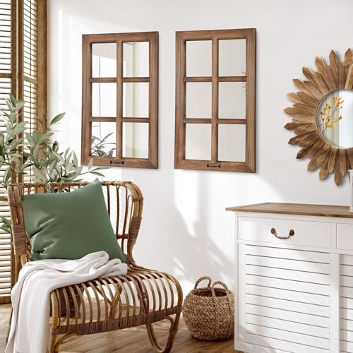 Image of LOSOUR 2 Pack 24x40 Mirrors for Wall Decor, Farmhouse Distressed Wood Windowpane Mirror, Rustic Home Wall Decor Accents for Bedroom Living Room Dining Room, Kitchen, Mantle (2, Brown, 40 inch L x 24 inch W)