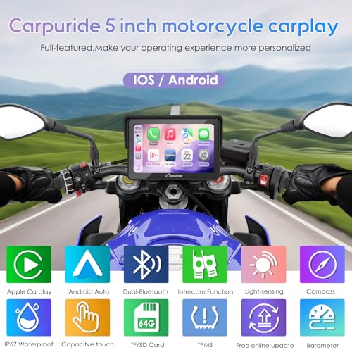 Image of Carpuride W502TPRO for Motorcycle CarPlay& Android Auto& TPMS& Dual Bluetooth - 5 inch Waterproof GPS Navigation Screen for Motorbike, Music Sharing, Intercom, EQ, Light Sensor, Compass, Barometer