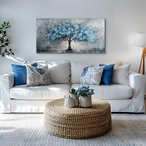 crmotu Tree of Life Large Wall Art for Living Room, Cherry Blossom Abstract Canvas Art Prints, Blue Flowers Tree Pictures Wall Decor, Nature Plant Modern Bedroom Bathroom Office Decor 24"X48"